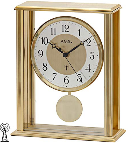 AMS 5191 Tischuhr Eckig Golden Metallgehäuse Mineralglas Funkpendelwerk 20 x 25 x 7 cm