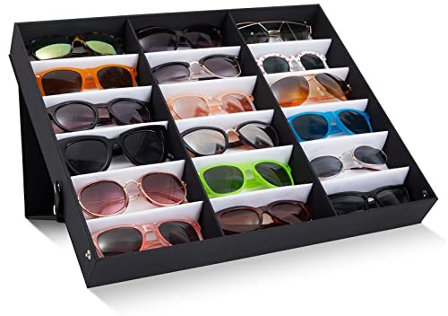 Juvale 18-Slot Sunglass Organizer & Sunglasses Case - Black 18.7 x 14.9 x 2.4 in - Eyeglass Holder & Glass Display Box for Desk & Vanity - Travel Storage Organizer & Watch Storage Box