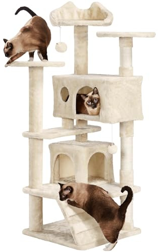 Yaheetech Arbre à Grimper Multi-Niveaux 139 cm Adapté Petits Logements Beige