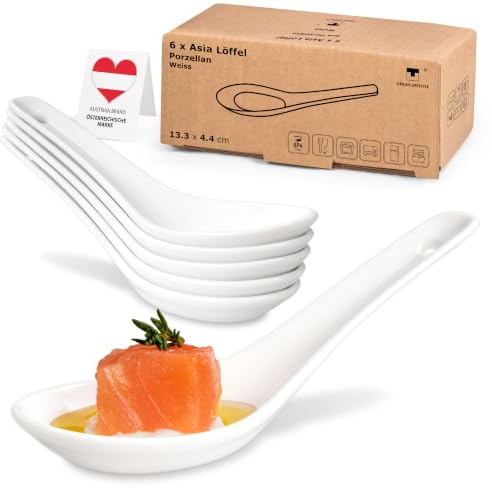 Urban Lifestyle Ramen Löffel 6er Set Weiß aus Porzellan Asiatische Suppenlöffel 13,5 cm Reislöffel, Esslöffel, Servierlöffel stapelbar, spülmaschinenfest