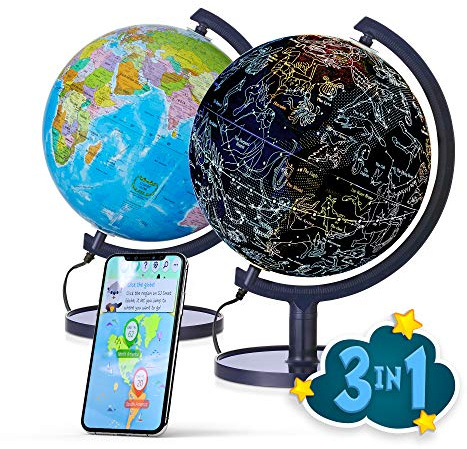 SJSMARTGLOBE Interactive 10 Globe for Children with Stand (DIY) - App-Compatible, 400 Wonders, 1000+ Facts, LED Constellations, STEM Globe, World Lamp & Earth Decor