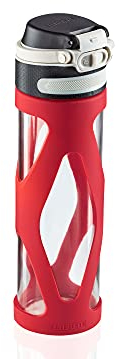 Leifheit Glasflasche Flip 600ml, 100% dichte Sportflasche, praktisches Öffnen mit einer Hand, Trinkflasche mit Filter für Fruchteinsatz, nachhaltige Wasserflasche, BPA frei, stoßfest, rot