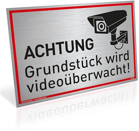 Großes Schild Achtung Grundstück wird videoüberwacht! | Alu 42 x 30 cm | stabiles Alu Schild mit UV-Schutz | silber gebürstet edle Optik | Videoüberwachung Kameraüberwachung Kameraüberwacht | Dreifke®