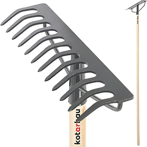 KOTARBAU Rastrello in metallo con 12 denti con manico in legno, rastrello da giardino con testa rinforzata, rastrello in acciaio, rastrello per foglie ed erba, rastrello per rastrello da giardino