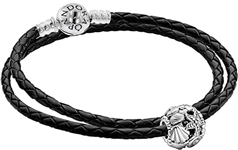PANDORA Damen-Lederarmband Set mit Charm Seestern, Muscheln und Herzen Armband für Frauen Geschenkset Silber/Schwarz 51522-38 38 cm