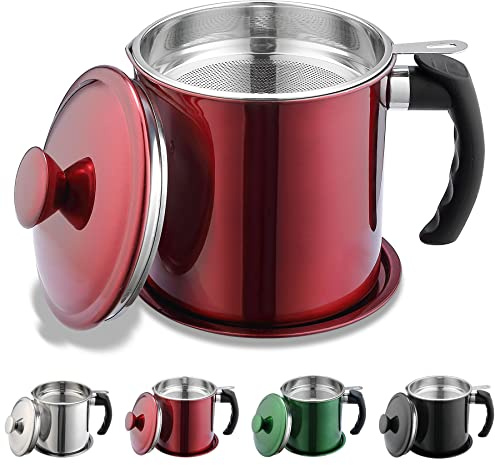 Kyraton Speckfettbehälter mit Sieb, 1.4L Metall glänzend rot Edelstahl Ölbehälter, Topffettaufbewahrung mit Deckel, leicht griffiger Griff geeignet für die Aufbewahrung von Frittieröl und Speisefett