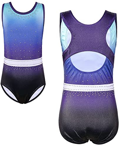 XFGIRLS Gymnastikanzug für Mädchen, Gymnastik, Trikot, ärmellos, glitzernd, tanzend, Mädchen, Ballett, Gymnastik, 3–12 Jahre, Blau / Violett, 13-14 Jahre