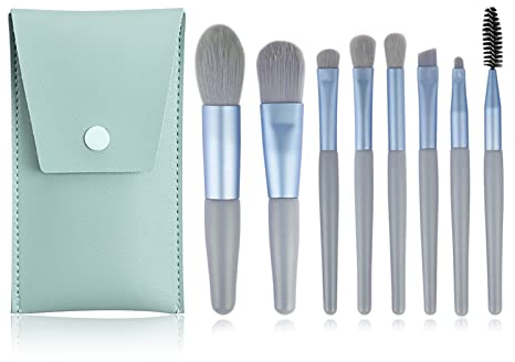 Lot de 8 pinceaux de maquillage, pour fond de teint, fard à paupières, anti-cernes, eye-liner, pinceau à sourcils, pinceau cosmétique, étui en cuir vert foncé
