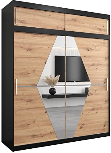 ABIKSMEBLE Boliwia 200 Armoire de Rangement à Deux Portes Coulissantes pour Chambre à Coucher avec Miroir, Tringle et Étagères - 200x240x62 cm (L x H x P) - Noir Mat + Artisan avec Extension