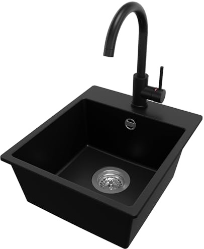 PRIMAGRAN Granitspüle ab 40er Unterschrank + Küchenarmatur, 38x44cm | Set: Küchenarmatur BW5010 + Ablauf-Set (Siphon, Ablaufgarnitur, Überlauf) + Spülbecken 1 Becken - Riga Easy, Schwarz