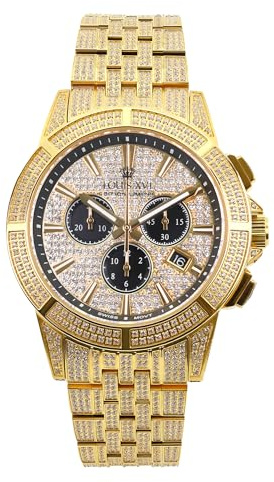 LOUIS XVI Majesté Montre chronographe pour homme avec mouvement à quartz suisse et bracelet en acier inoxydable Doré/argenté avec diamants CZ 43 mm, Doré glacé, Bracelet