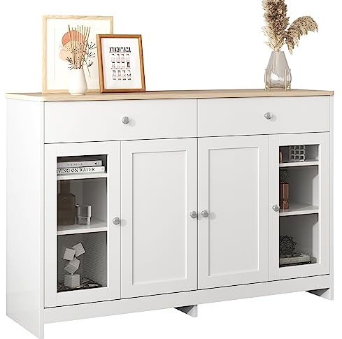 Azkoeesy 120 cm Sideboard Kommode in Weiß und Holzmuster, Vitrine, Buffet, mit 2 Schubladen und Glastüren, für Wohnzimmer, Büro, Esszimmer und Küche