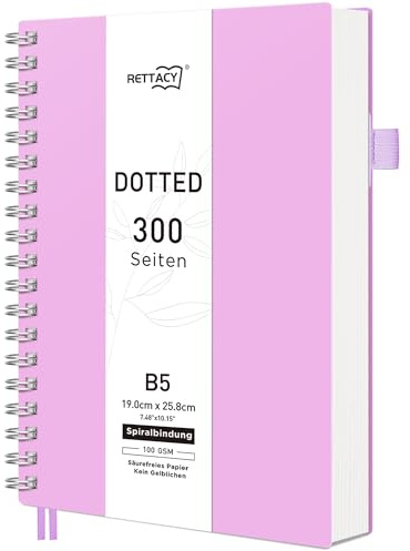 RETTACY Carnet de notes B5 pointillé, Bullet Journal carnet à spirale pointillé avec 300 pages, couverture souple reliure à anneaux 100 g/m² épais pour femmes hommes travail bureau école, 14,5 x 21 cm