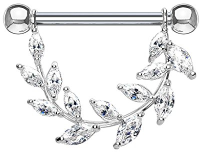 Taffstyle Piercing Schmuck Brustwarzenpiercing Brustwarze Intimpiercing Brust Nippel Intim Ohr Ohrpiercing Barbell gerade Hantel Stab mit Glitzer Kristall Anhänger Filigran Blatt Silber