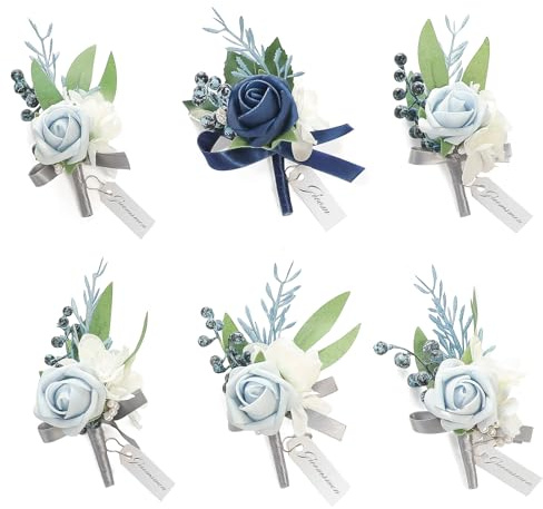 Floroom Set of 6 Powder Blue & Navy Blue Foam Rose Boutonnieres with Pins for Men Wedding for Groom Groomsmen Wedding Ceremonies Anniversaries Formal Dinners Parties Proms