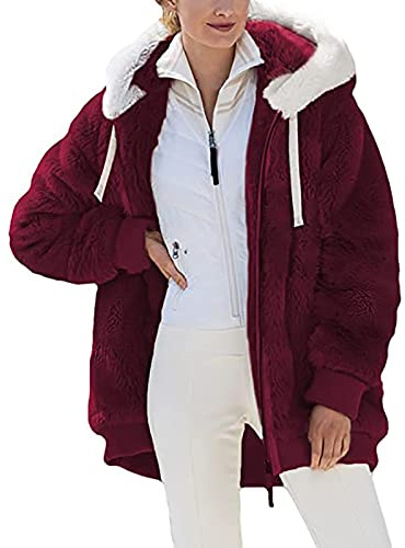 SMIDOW Oversized Fuzzy Fleece Jackets For Women Fashion 2025 Color Block Faux Fur Cardigan Coat Shaggy Warm Winter Outerwear womens fall coat 2025 Red 2X