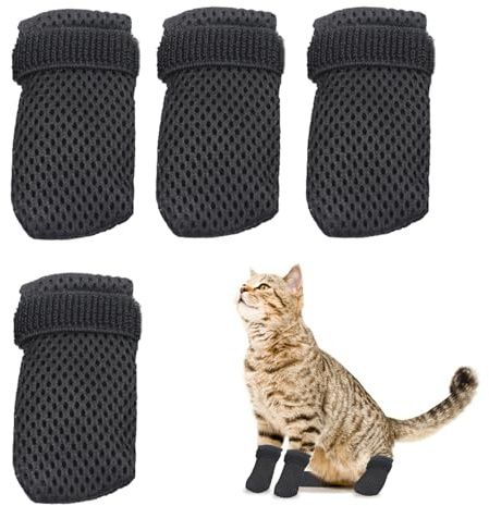 Bekecidi 4 stycken anti-repor kattstövlar justerbara skydd för kattklor halkfria små hundstrumpor nättyg hundskor kattvantar för att klippa naglar husdjur bad (svart)