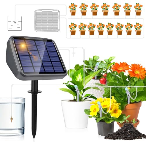 Solar Bewässerungssystem, Diealles Shine 3600 mAh Automatische Bewässerungssystem mit 15 Bewässerung Tropfer, Tröpfchenbewässerung Set und 15 M Schlauch für Garten Balkonpflanzen Gewächshaus Gemüse