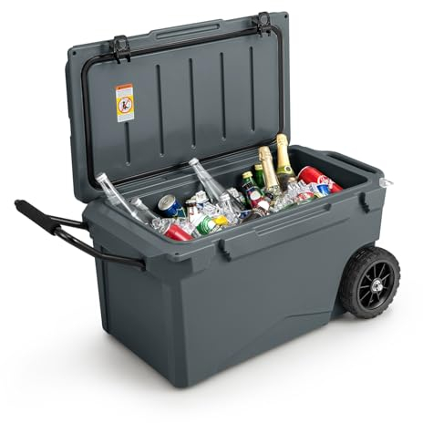 COSTWAY 71L Isolierbox tragbar, Kühlbox grau inkl. Alugriff & großen Rädern, Wärmebehälter mit Flaschenöffner und Abflusssystem, Thermobox belastbar bis 100kg für Camping Picknick Angeln (Grau)