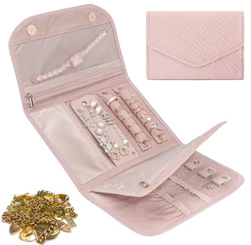 Travel Jewellery Organiser Storage Roll Portable Jewel Bag Foldable for Rings Necklaces Earrings Bracelets, Jewellery Organiser Bag for Women Girl large Size Pink