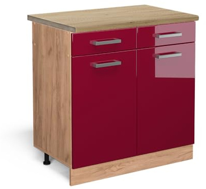 Vicco Küchenunterschrank R-Line, Rot Hochglanz, 80 cm, AP Eiche