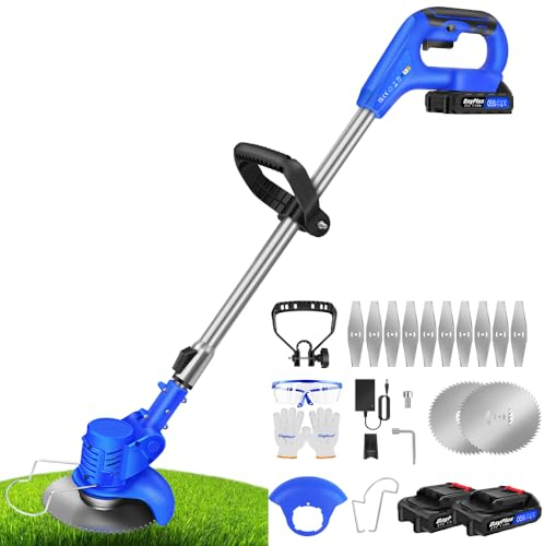 Qimu DéBroussailleuse sans Fil Coupe Bordure avec 2 Batterie et Lames en métal Coupe-Herbe sans Fil à Batterie Electrique Puissante Taille Haie Coupe-Mauvaises Herbes pour la Coupe-Herbe de Jardin