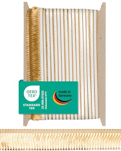 Halbach Seidenbänder Premium Fransenborte selbstklebend | Breite 40mm Länge 25m | Öko-Tex 100 zertifizierte Fransen | Borte Made in Germany, Farbe: gold
