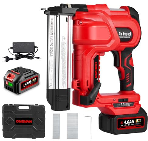 ONEVAN Akku Tacker und Nagler 2-in-1, Nagelpistole Elektrotacker für Holz, Tiefeneinstellung, Einzel-/Serienschuss, inkl. 4000mAh Akku, Schnellladegerät, 200 Nägel + 200 Klammern, 100 Schuss/min