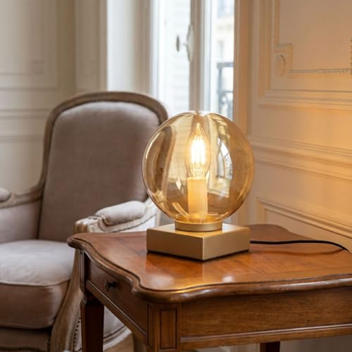 Lampe de table moderne or ambre métal verre boule anti-éblouissement interrupteur câble salon bureau H:17,5 cm E14 lampe de chevet chambre avec interrupteur