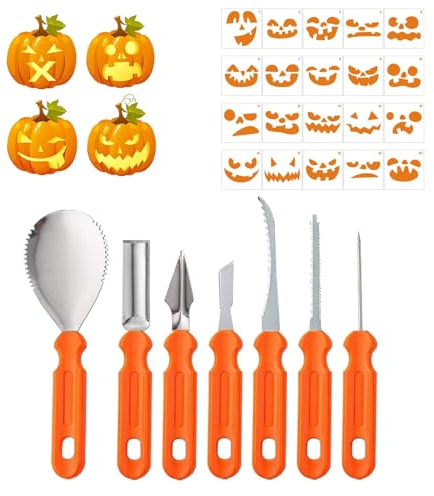 Halloween Kürbis Schnitzset, 7 Stück Kürbis Schnitzen Set mit Kürbis Gesichts Schablonen, DIY Halloween Dekoration Kürbis Schnitzen Werkzeuge für Kinder und Familie, Kürbis Schnitzwerkzeuge (A)