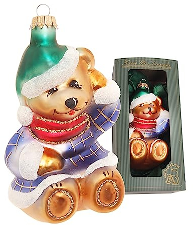 Krebs Glas Lauscha - Christbaumschmuck/Weihnachtsbaumanhänger aus Glas - Großer Bär - Farbe: Braun/Blau - Motiv: mit Anorak - Größe: 12 cm