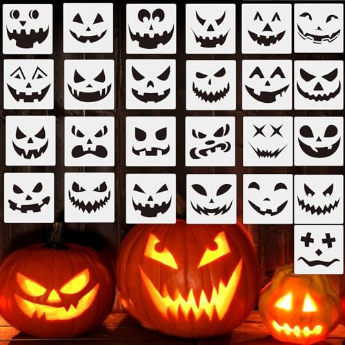 WOFEU 25 Stück Kürbisse Gesicht Schablonen 15x15cm | Halloween Kunsthandwerk Schablonen Kunststoff Zeichnung Vorlage für DIY Kürbis Schnitzen, Holz, Wände Kunst Dekor