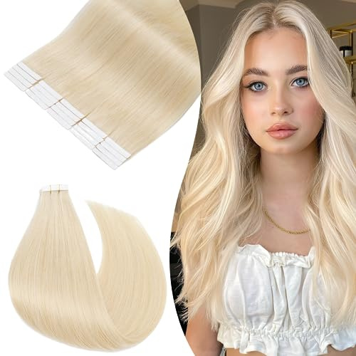 Rich Choices Tape Extensions Echthaar Tape in Extensions 45cm 10 Stück #60 Platinblond Haarverlängerung Echthaar Remy Seidig Gerade Invisible Tape ins Haar Extensions Natürliche Haarverdichterung