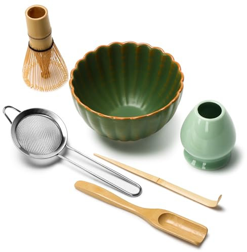 DiDiBirDi Matcha Whisk Set 6 Pcs ，Japanese Matcha Tea Set， Matcha Traditional Starter Set，Matcha Whisk (Chasen), Scoop (Chashaku), Stainless Steel Sifter，Whisk Holder (Green)