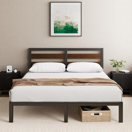 Zinus Kai Somier 135x190 cm - Altura 25.4 cm - Base Cama Matrimonio en Bambú y Acero con Cabecero - Láminas de Metal - Espacio de Almacenamiento - Montaje Fácil- Negro y Marrón