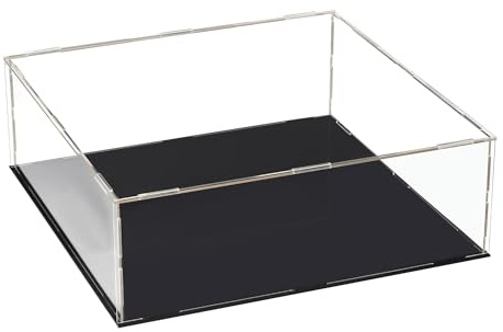 TA-VIGOR Caja expositora acrílica transparente, 25 x 25 x 10 cm, caja de almacenamiento organizadora, soporte a prueba de polvo, escaparate con base negra para almacenamiento de objetos coleccionables