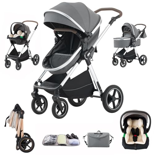 Shineey Passeggino 3 in 1,Passeggino 3 pezzi,passeggino, pieghevole, carrozzina,sistema da viaggio, pneumatici in gomma, Neonatale，Adaptateurs,con accessori, Gondola (D2-DEEPGREY, H2-D)