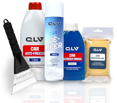 QLV Winter Car Kit - Ice Scraper for Car Windscreen, De Icer Spray For Car, Screen Wash for Cars, Anti-Freeze Concentrate and Demister Pad for Car. Fast & Effective Snow, Ice & Frist Removal