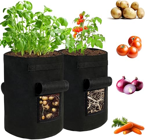TIKTALK 2 Pack 15 Gallon（57L） Potato Grow Bags with 2 Visible Windows, Thickened Fabric Planting Bags for Vegetables Tomatoes Carrots, Reusable with Sturdy Handles