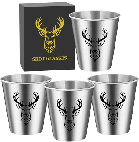 Edelstahl Schnapsgläser mit Schwarz Hirschkopf, 4 Stück, 70ml, mit Box | Geschenke für Jäger, Stapelbar Trinkbecher, Partybecher, Vatertagsgeschenk, Hochzeit, Geburtstage, Picknick, Camping