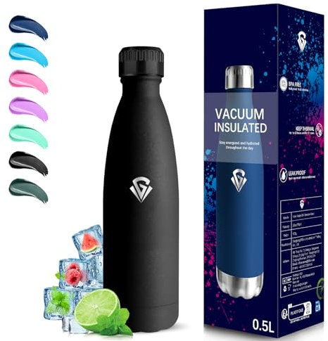 Grsta Borraccia Termica, 500 ml Borraccia Bambini, Senza BPA, Borraccie Acciaio Inox, Senza Perdite, Borracce Termiche, Isolato Sottovuoto, Borracce per Scuole, Campeggio, Uffici, Viaggio, Nero