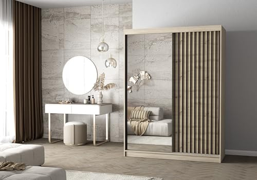 Easy4You Lami I Sonoma/Artisan Schiebetürenschrank Kleiderschrank 150x200x61 cm mit Spiegel - Schlafzimmermöbel, Aufbewahrung – Mehrzweckschrank mit Kleiderstange und Lamellen