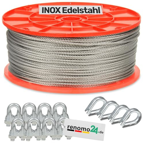Renomo24 Edelstahlseil Set 2 (2mm 7x7) - 10m, 8x Bügelklemmen, 4x Kauschen / V4A / AISI 316 (INOX)