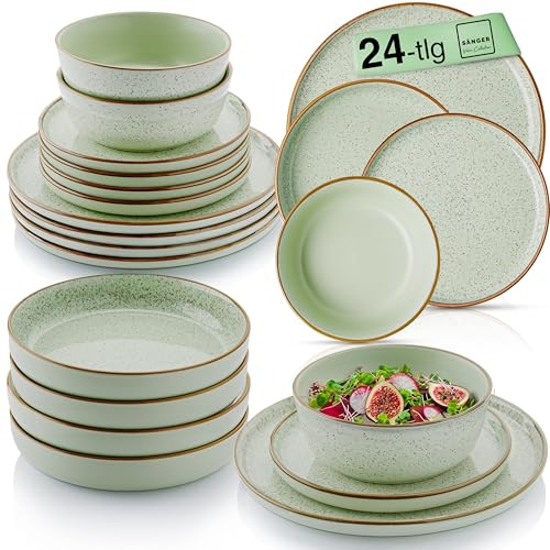 SÄNGER Rio Minze Tafelservice 24 teilig, Steingut Geschirr Set 6 Personen | 6x Teller 6x Frühstücksteller 6x Tiefe Teller 6x Pastaschalen Geschirrset und Schale, mintgrün