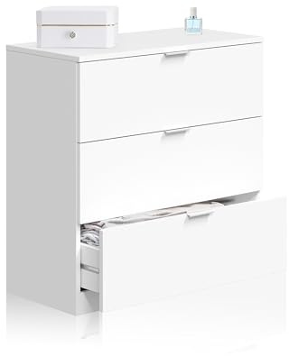 duehome | Comoda 3 Cajones, Dormitorio, Modelo Andra, Acabado en Color Blanco Soft, Medidas: 77 cm (Ancho) x 80 cm (Alto) x 38 cm (Fondo)