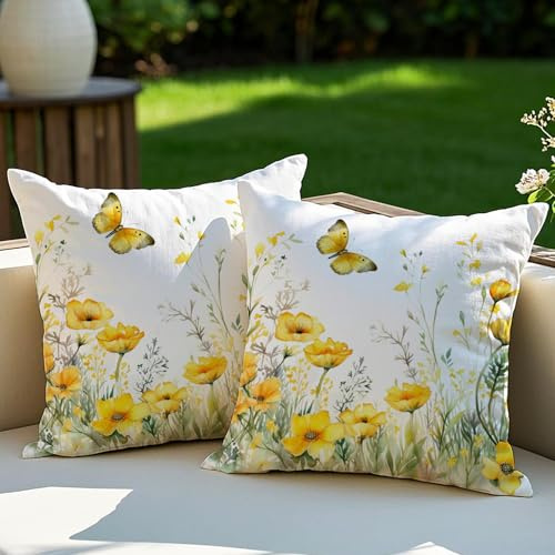 Vorysum Fodera Cuscino 45x45 cm Set di 2 Fiori Gialli - Copri Cuscini per Divano Impermeabile - Decorazione Estiva con Motivo Botanico