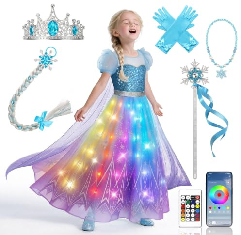 BLINGCOS Deguisement Fille, Robe Princesse Sync Musique Contrôlable par APP, Kit de Fête avec 6 Accessoiress pour Halloween, Noël