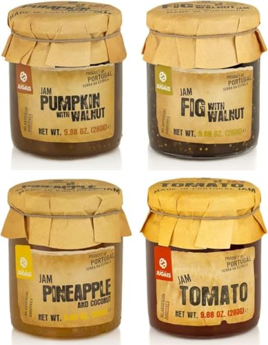 Sélection variée de confitures – Pack de 4 pots de 280 g – Saveurs uniques : Potiron aux noix, Figue aux noix, Ananas à la noix de coco, Tomate – Sans ingrédients artificiels