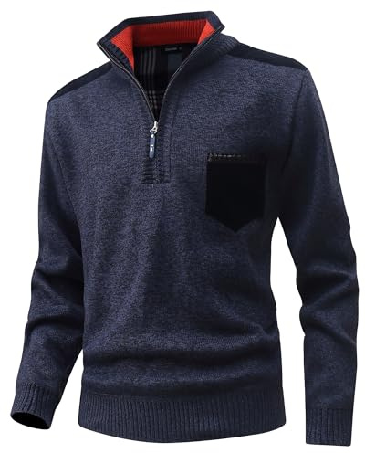 CoXuantion Maglione da Uomo 1/4 di Zip Pullover in Pile Maglia Collo Alto Invernale Cardigan Casual Leggero Solido Maglione Lunga Lavorata a Giubbetto Tenere Caldo Giacca L,Blu