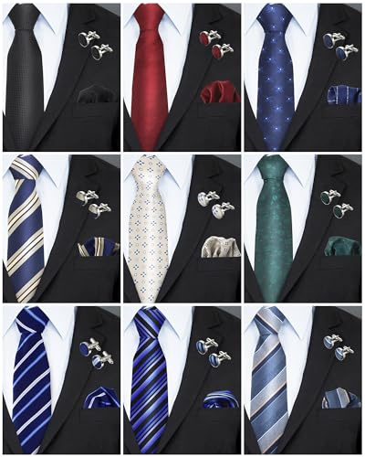 Chicingyou 9 Sets Tie for Men Necktie and Handkerchief Cufflinks Sets Silk Men's Striped Neckties for Wedding Party Xmas Gift(Classic Style,Solid Color)